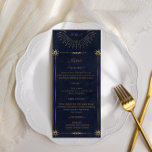 Celestial Midnight Blue Gold Wedding Dinner Menu Invitation<br><div class="desc">Our "Celestial Gold Wedding" collection features a beautiful crescent moon with gold stars in various designs on a velvet midnight blue background paired with elegant fonts. Easy to customize and you can choose among many more matching items from this collection in our store.</div>