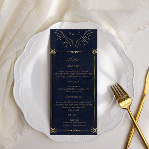 Celestial Midnight Blue Gold Wedding Dinner Menu Invitation
