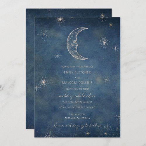 Celestial Midnight Blue Moon Stars Wedding Invitation