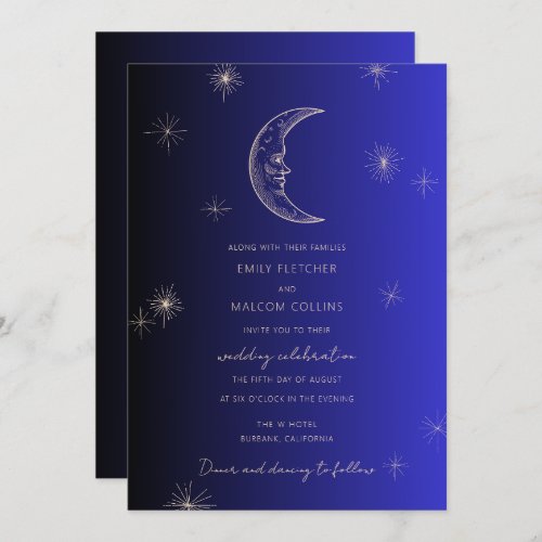 Celestial Midnight Blue Moon Stars Wedding Invitation