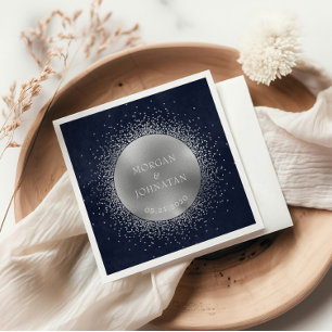 Celestial Midnight Blue Silver Moon Wedding Napkins