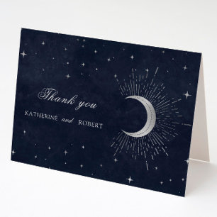 Celestial Midnight Blue Silver Stars Letterpress Thank You Card