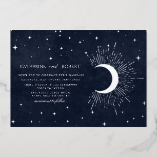 celestial midnight blue silver stars Wedding Foil Invitation