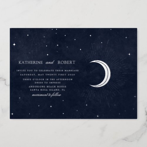 celestial midnight blue silver stars Wedding Foil Invitation