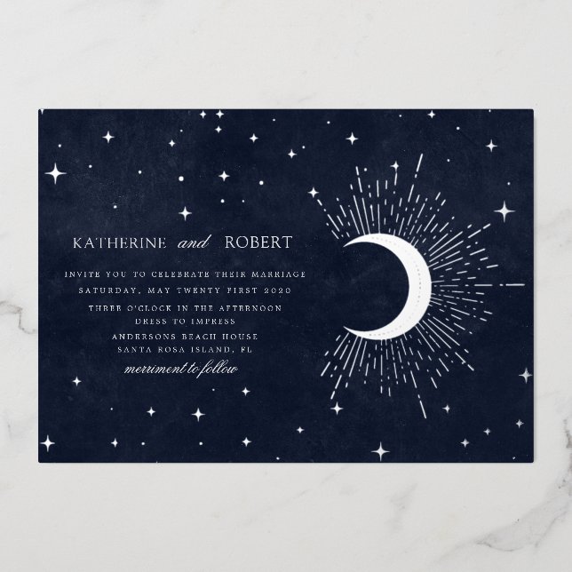 celestial midnight blue silver stars Wedding Foil Invitation (Front)