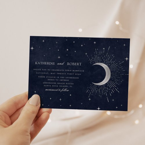 Celestial Midnight Blue Silver Stars Wedding Invitation