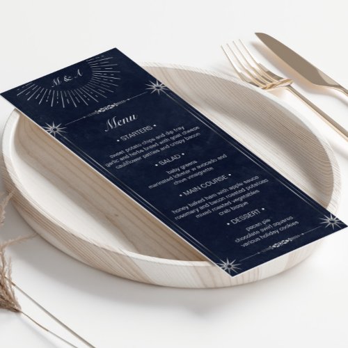 Celestial Midnight Blue Silver Wedding Dinner Menu Invitation