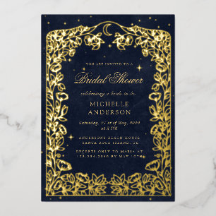 Celestial Midnight Blue Stars Moon Bridal Shower Foil Invitation