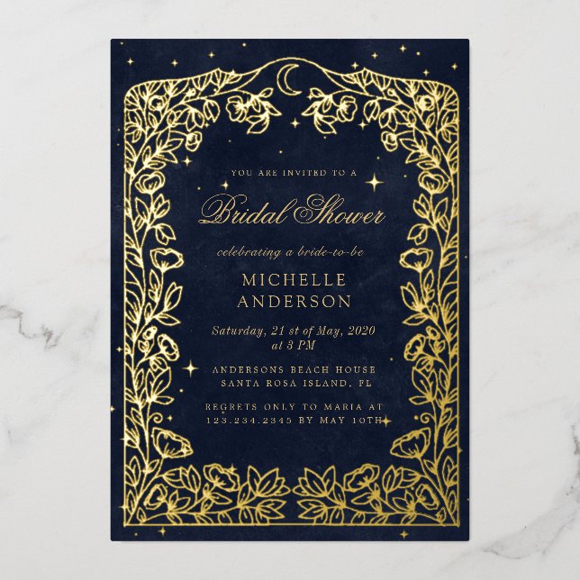 Celestial Midnight Blue Stars Moon Bridal Shower Foil Invitation (Front)