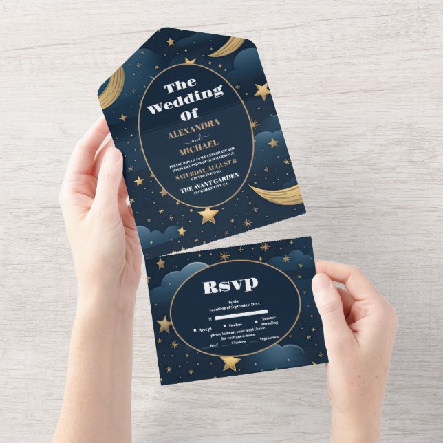 Celestial Midnight Blue Stars Moon Wedding All In One Invitation (Tearaway)