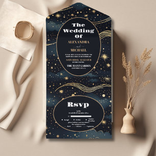 Celestial Midnight Blue Stars Moon Wedding All In One Invitation