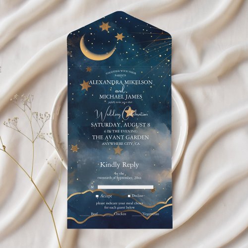 Celestial Midnight Blue Stars Moon Wedding All In One Invitation