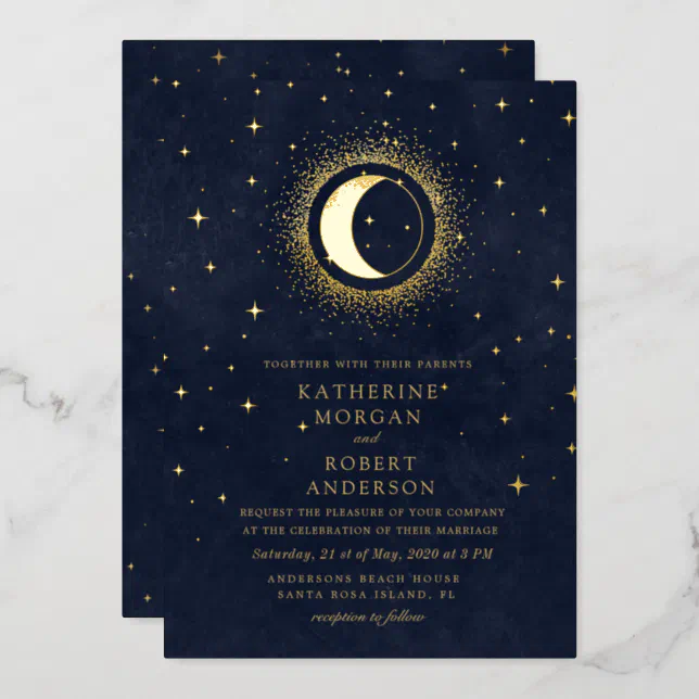 Celestial Midnight Blue Stars Moon Wedding Foil Invitation | Zazzle
