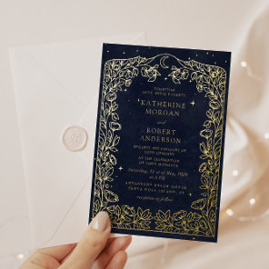 Celestial Midnight Blue Stars Moon Wedding Foil Invitation