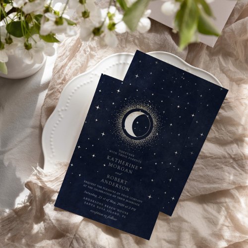 Celestial Midnight Blue Stars Moon Wedding Foil Invitation