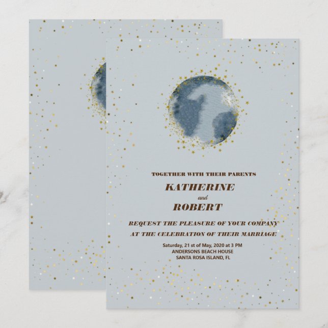 celestial midnight blue stars moon Wedding  Invita Invitation (Front/Back)