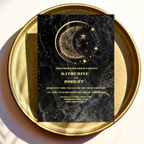 celestial midnight blue stars moon Wedding Invitat Invitation