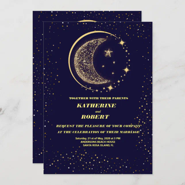 celestial midnight blue stars moon Wedding Invitation | Zazzle