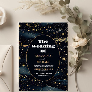 Celestial Midnight Blue Stars Moon Wedding Invitation