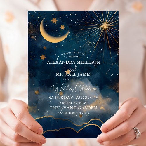 Celestial Midnight Blue Stars Moon Wedding Invitation