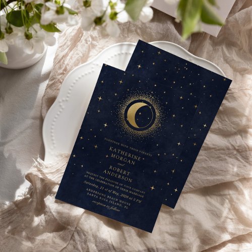 Celestial Midnight Blue Stars Moon Wedding Invitation