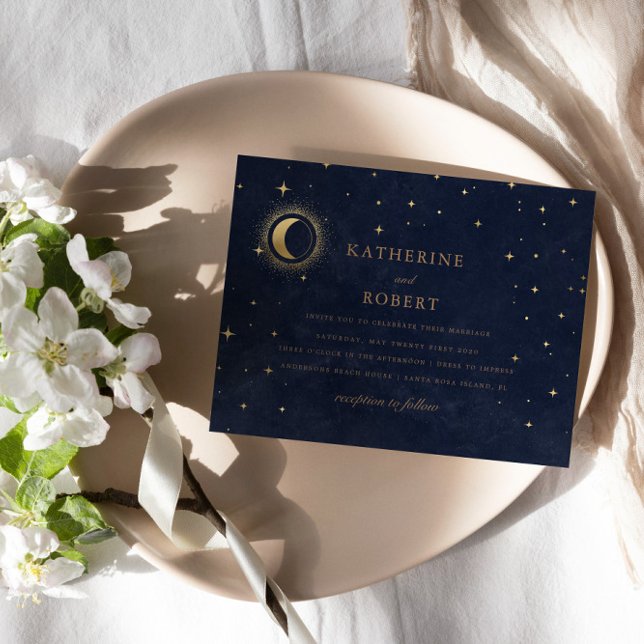 Celestial Midnight Blue Stars Moon Wedding Invitation (Creator Uploaded)
