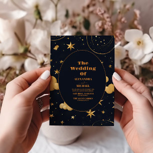 Celestial Midnight Blue Stars Moon Wedding Invitation