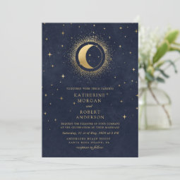 celestial midnight blue stars moon Wedding Invitation | Zazzle