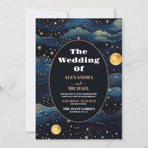 Celestial Midnight Blue Stars Moon Wedding Invitation