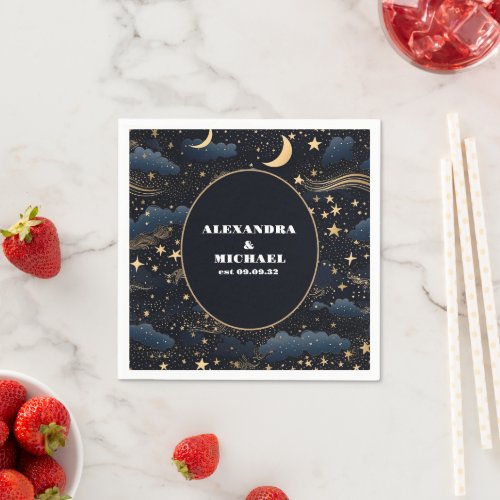 Celestial Midnight Blue Stars Moon Wedding Napkins