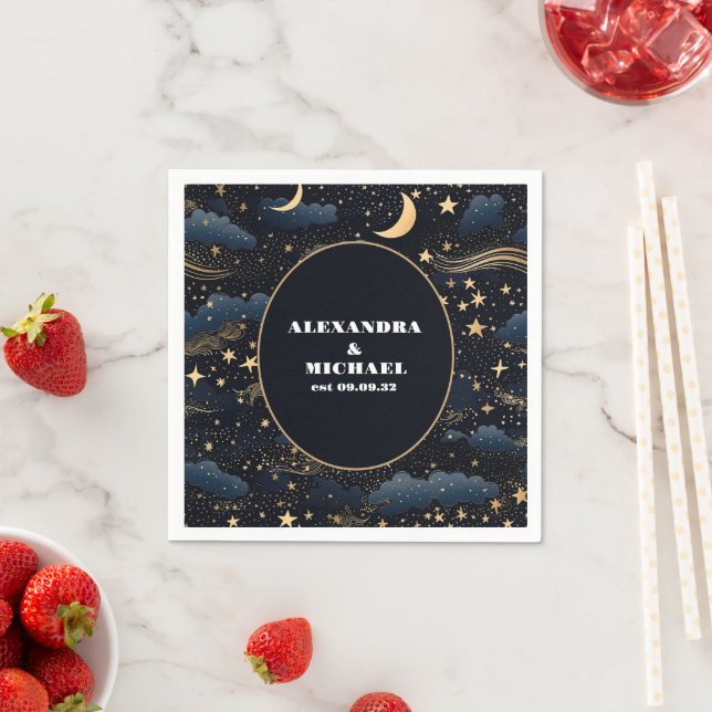 Celestial Midnight Blue Stars Moon Wedding Napkins (Insitu)