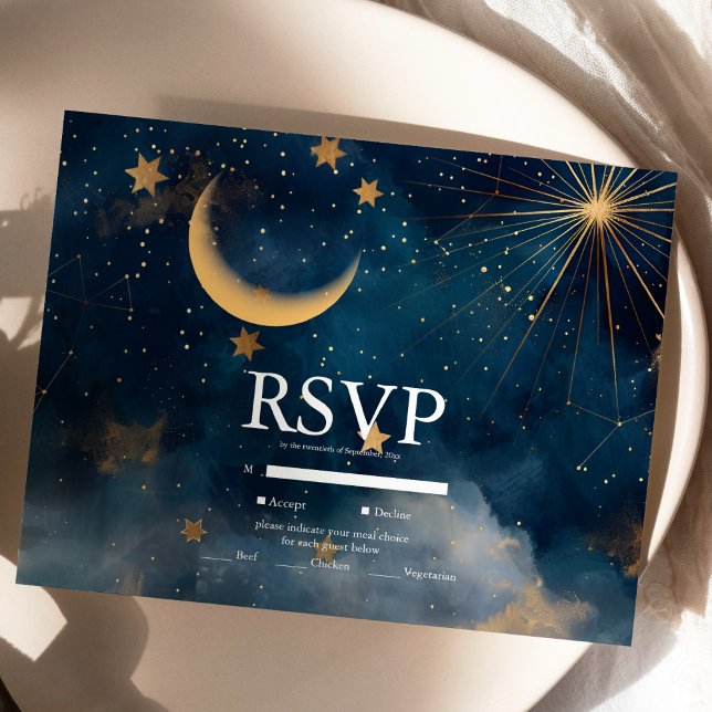 Celestial Midnight Blue Stars Moon Wedding RSVP Card (Creator Uploaded)