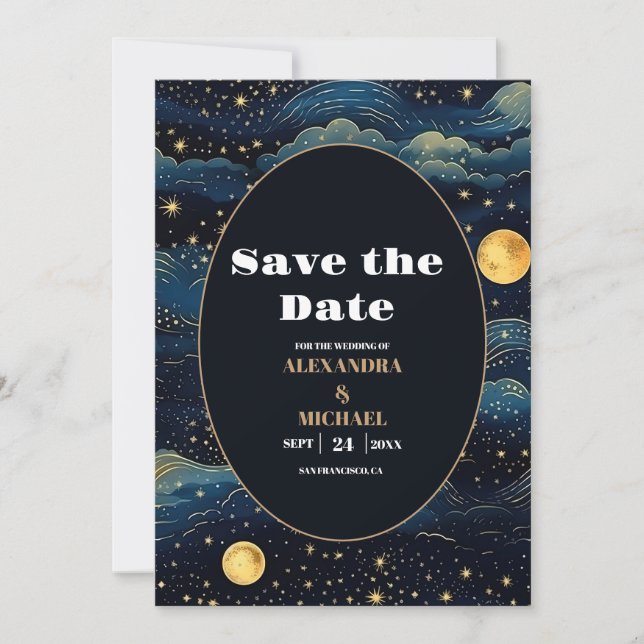 Celestial Midnight Blue Stars Moon Wedding Save The Date (Front)