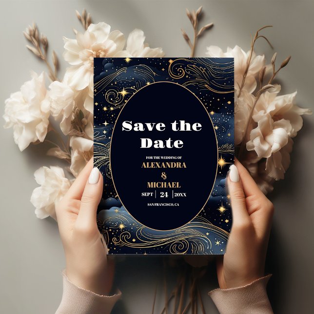 Celestial Midnight Blue Stars Moon Wedding Save The Date (Creator Uploaded)