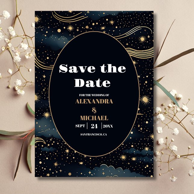 Celestial Midnight Blue Stars Moon Wedding Save The Date (Creator Uploaded)