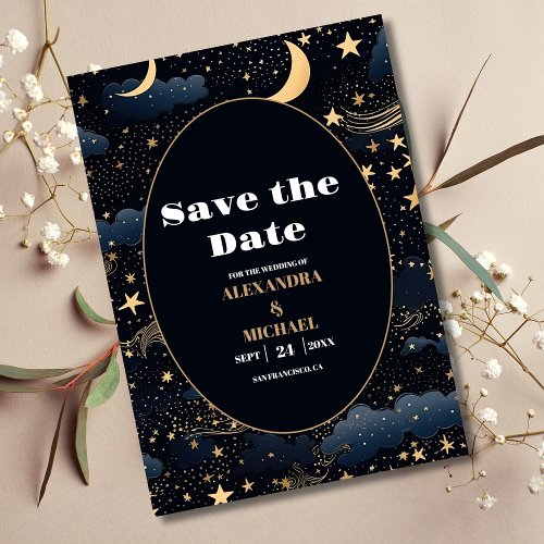 Celestial Midnight Blue Stars Moon Wedding Save The Date