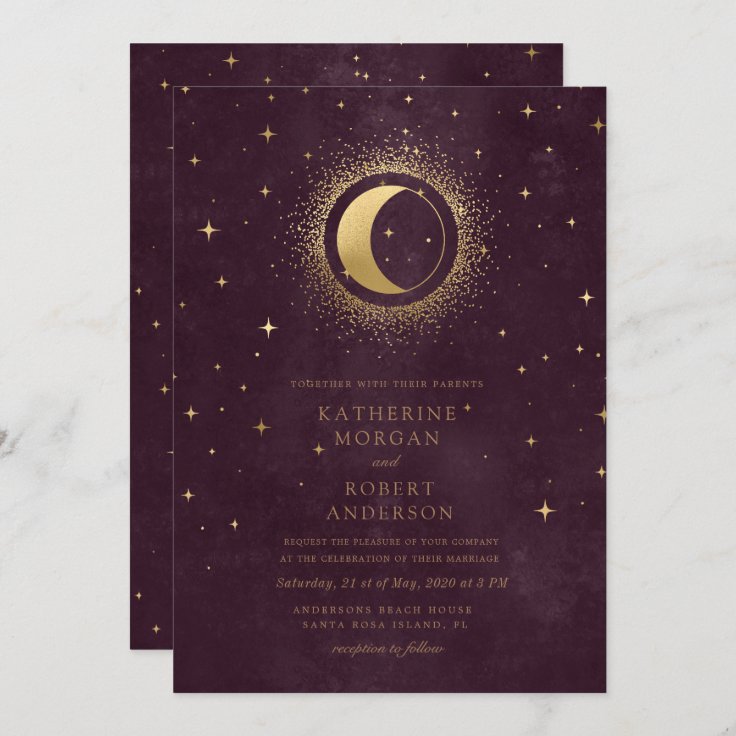 celestial midnight burgundy stars moon Wedding Invitation | Zazzle