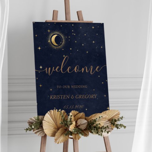 Celestial Midnight Crescent Gold Wedding Welcome Framed Art