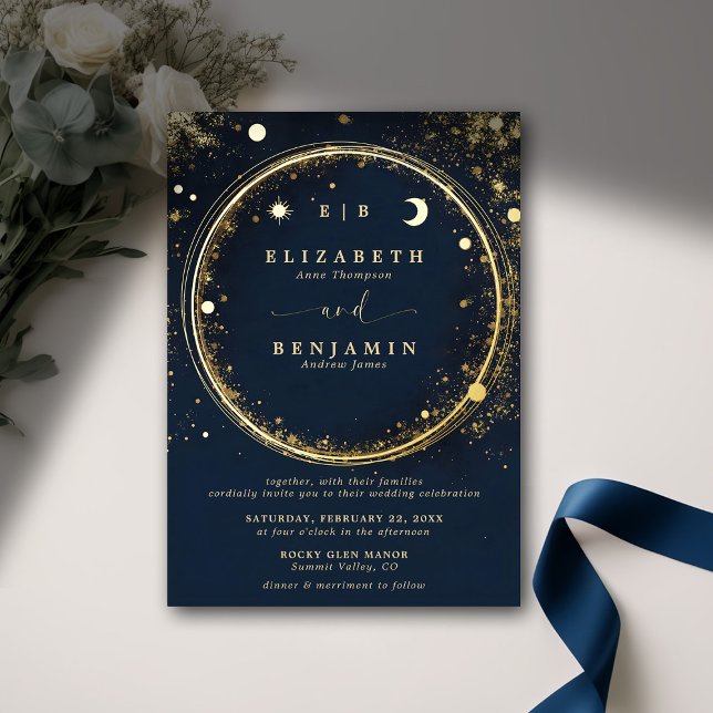 Celestial Midnight Gold Monograms Elegant Wedding Foil Invitation (celestial wedding invitation modern classic elegant midnight blue gold dust monograms gold foil)