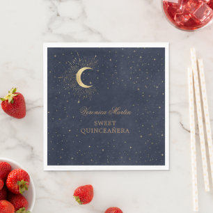 celestial midnight gold moon Quinceañera Napkins