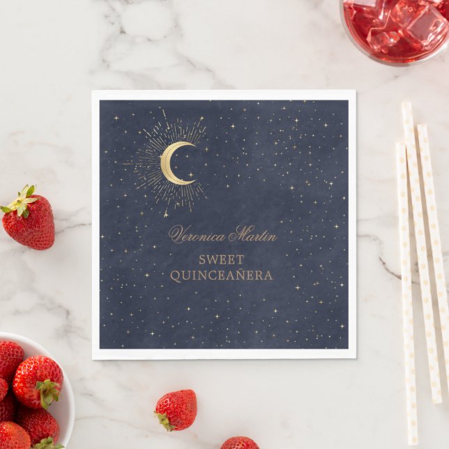 celestial midnight gold moon Quinceañera Napkins (Insitu)