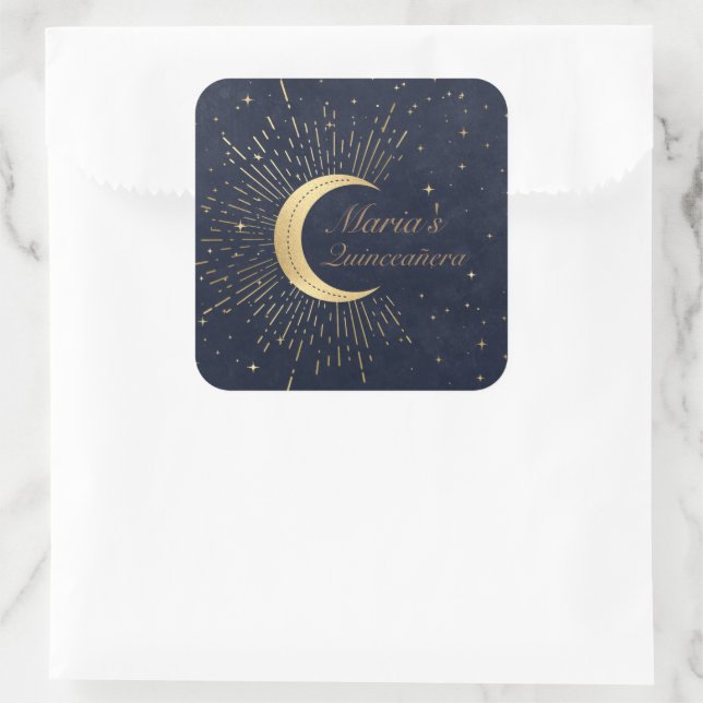 Celestial Midnight Gold Moon Quinceañera Square Sticker (Bag)