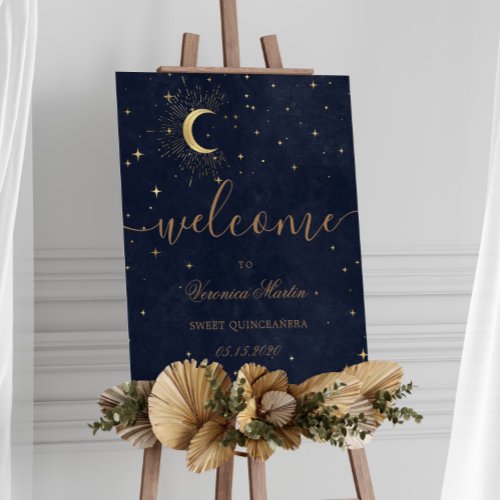 Celestial Midnight Gold Moon Quinceaera Welcome Foam Board