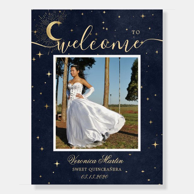 Celestial Midnight Gold Moon Quinceañera Welcome Foam Board (Front)