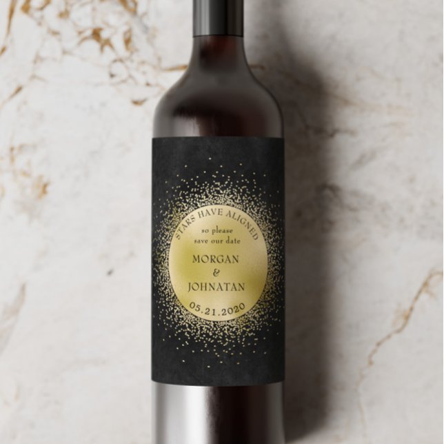 Celestial Midnight Gold Moon Save the Date Wine Label (Creator Uploaded)