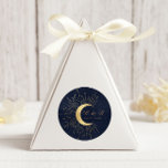 Celestial Midnight Gold Moon Wedding Classic Round Sticker<br><div class="desc">Our "Celestial Gold Wedding" collection features a beautiful crescent moon with gold stars in various designs on a velvet midnight blue background paired with elegant fonts. Easy to customize and you can choose among many more matching items from this collection in our store.</div>