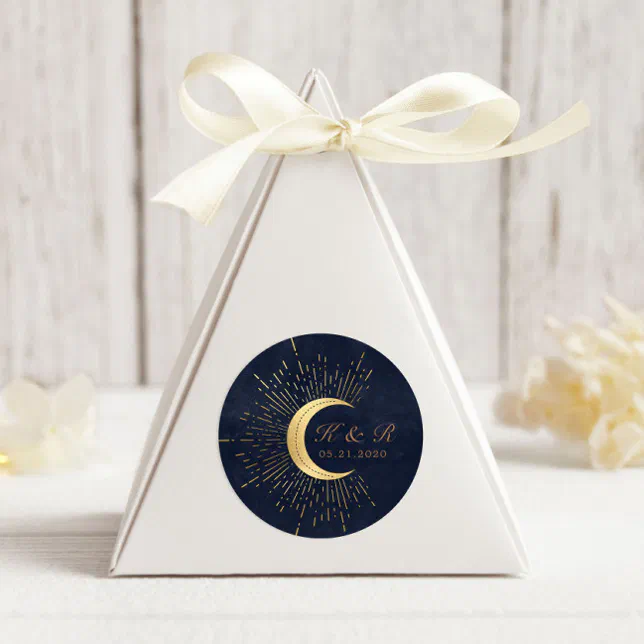 Celestial Midnight Gold Moon Wedding Classic Round Sticker | Zazzle