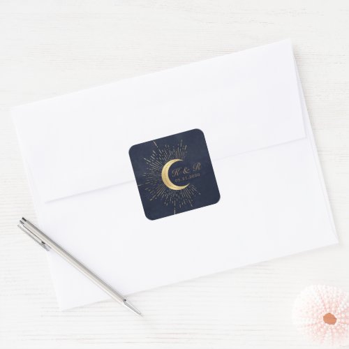 Celestial Midnight Gold Moon Wedding Square Sticker