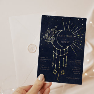 Celestial Midnight Gold Stars Moon Wedding Foil Invitation