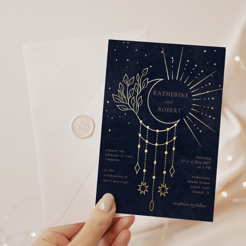 Celestial Midnight Gold Stars Moon Wedding Foil Invitation